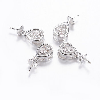 Long-Lasting Plated Brass Micro Pave Cubic Zirconia Cup Pearl Peg Bails Pin Pendants, For Half Drilled Beads, teardrop, Real Platinum Plated, 17mm, Hole: 2x5mm, Pin: 0.8mm