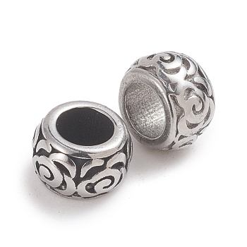 304 Stainless Steel Beads, Large Hole Beads, Rondelle, Antique Silver, 8x5mm, Hole: 4.2mm