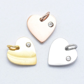 316 Surgical Stainless Steel Pendants, with Cubic Zirconia, Heart, Clear, Mixed Color, 12x12x2mm, Hole: 3mm