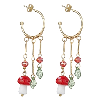 Golden 304 Stainless Steel Half Hoop Earrings, Lampwork Mushroom Drop Stud Earrings, Dark Red, 70x23.5x10~12mm