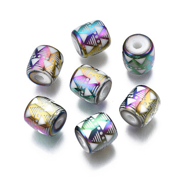 Electroplate Glass Beads, Column with Triangle Pattern, Colorful, 11.5x11.5mm, Hole: 2.5mm, about 100pcs/bag