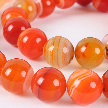 Natural Striped Agate/Banded Agate Round Bead Strands, Dyed, Orange Red, 10mm, Hole: 1mm, about 38pcs/strand, 14.96 inch