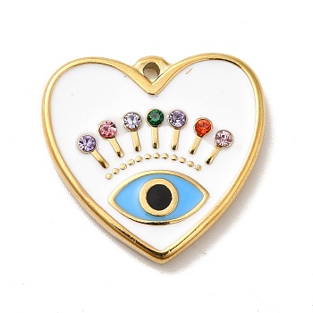 Ion Plating(IP) 304 Stainless Steel Rhinestone Pendants, with Enamel, Golden, Heart with Eye, White, 23x24x3.5mm, Hole: 1.6mm