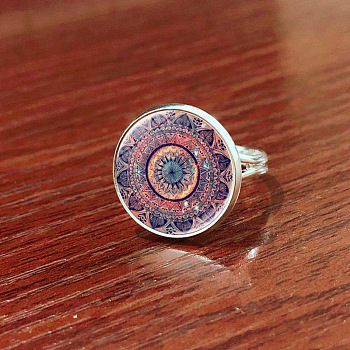 Glass Mandala Flower Finger Ring, Platinum Brass Flat Round Signet Ring for Women, Dark Salmon, US Size 8(18.1mm)
