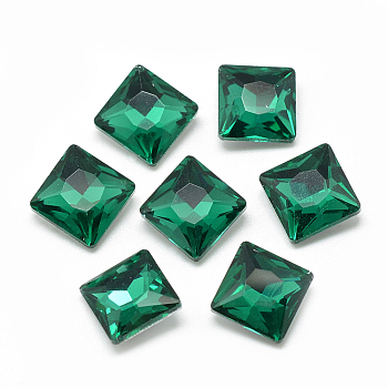 Pointed Back Glass Rhinestone Cabochons, Back Plated, Faceted, Square, Sea Green, 8x8x3.5mm