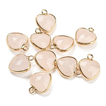 Natural Rose Quartz Faceted Heart Charms, with Golden Tone Brass Edge, 13.5x11x5mm, Hole: 1.6mm