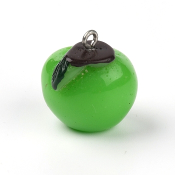 Opaque Resin Pendants, with Platinum Plated Iron Finding, Imitation Fruit, Apple, Lime Green, 23x19.5x20mm, Hole: 2mm
