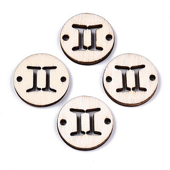 Unfinished Natural Poplar Wood Links Connectors, Laser Cut, Flat Round with Constellation, Gemini, 19.5x2.5mm, Hole: 2mm