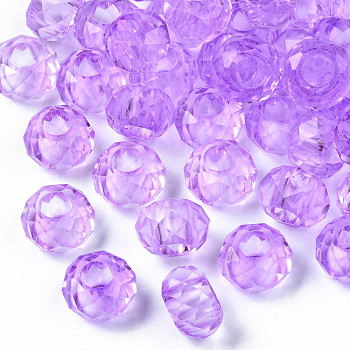Glass European Beads, Large Hole Beads, Faceted, No Metal Core, Rondelle, Medium Orchid, 14x8mm, Hole: 5mm
