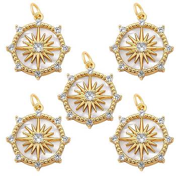 5Pcs Brass Micro Pave clear Cubic Zirconia Pendants, with Shell and Jump Rings, Nickel Free, Flat Round with Star, Real 16K Gold Plated, 22x19x4mm, Hole: 3x5mm