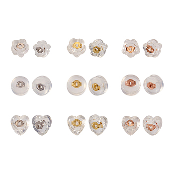 Pandahall 27 Pairs 3 Style Silicone Ear Nuts, Earring Backs, with 925 Sterling Silver Findings, Plum Blossom, Clear, Mixed Color, 5~6x4~5.5x4mm, Hole: 0.6~0.7mm