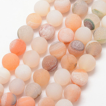 Natural Druzy Geode Agate Bead Strands, Frosted, Round, Dyed & Heated, Grade A, PeachPuff, 8mm, Hole: 1mm, about 47pcs/strand, 15 inch
