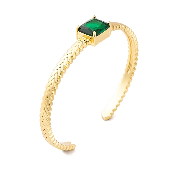 Brass Pave Green Glass Open Cuff Bangles for Women, Real 18K Gold Plated, Rectangle, Inner Diameter: 2-1/2 inch(6.2cm), Rectangle: 10x12mm