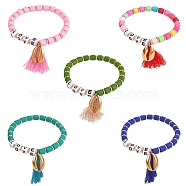 5Pcs 5 Colors Word Love Beads Stretch Bracelets Set for Girl Women, Cowrie Shell Shape & Tassel Charm Bracelets, Mixed Color, Inner Diameter: 2-1/8 inch(5.5cm), 1pc/color(BJEW-SZ0001-97)