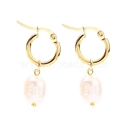 304 Stainless Steel Hoop Earrings, with Rice Natural Cultured Freshwater Pearl Beads, Golden, White, 37mm, Pin: 0.7x1mm(EJEW-JE04326)