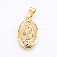 304 Stainless Steel Lady of Guadalupe Pendants, Oval with Virgin Mary, Golden, 23x14x3mm, Hole: 7x4mm(STAS-H458-23G)