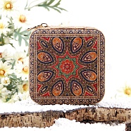 Ethnic Portable Printed Square Cork Wood Jewelry Packaging Zipper Box for Necklaces Earrings Storage, Teardrop, 12x12x5cm(PW-WG91781-04)