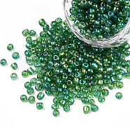 Round Glass Seed Beads, Transparent Colours Rainbow, Round, Dark Green, 3mm(SEED-A007-3mm-167)