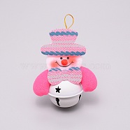 Christmas Theme Snowman Cloth Pendant Decorations, with Metal Bells, Pink, 132mm(HJEW-SZC0004-10)