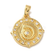 Rack Plating Brass Micro Pave Cubic Zirconia Pendant, Long-Lasting Plated, Cadmium Free & Lead Free, Flat Round with Conch, Real 18K Gold Plated, 18.5x17x2.5mm, Hole: 5x2.5mm(KK-U027-15G)