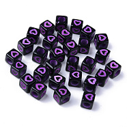 Opaque Black Acrylic European Beads, Large Hole Beads, Cube with Heart, Medium Orchid, 7x7x7mm, Hole: 4mm, about 1900~2000pcs/500g(MACR-S273-51F-02)