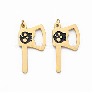Ion Plating(IP) 316 Surgical Stainless Steel Enamel Pendants, with Jump Rings, Laser Cut, Cadmium Free & Nickel Free & Lead Free, Axe with Skull, Real 14K Gold Plated, 23x12x1mm, Hole: 2mm(STAS-N097-086-NR)