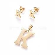 304 Stainless Steel Pendants and Stud Earrings Jewelry Sets, Alphabet, Letter.K, 20~23x13~19x1.5mm, Hole: 6x3mm, 6~10x6~9x1mm, Pin: 0.8mm(SJEW-P099-11G)