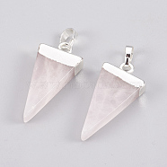 Natural Rose Quartz Pendants, with Brass Findings, Triangle, Silver, 27~29x12~13x4~5mm, Hole: 4x6mm(G-E493-O03-S)