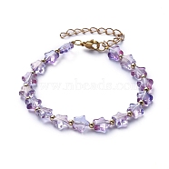 Star Transparent Spray Painted Glass Beaded Bracelets, with Round Brass Beads and 304 Stainless Steel Lobster Claw Clasps, Purple, 7-1/8 inch(18cm)(BJEW-JB05214-02)