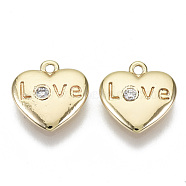 Brass Micro Pave Cubic Zirconia Charms, Nickel Free, Heart with Word LOVE, Clear, Real 18K Gold Plated, 10x10.5x2mm, Hole: 1mm(KK-N232-61-NF)