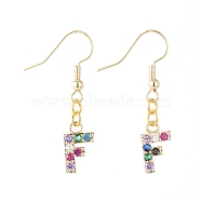 Dangle Earrings, with Golden Plated Brass Micro Pave Cubic Zirconia Charms, Rack Plating Brass Earring Hooks and Cardboard Packing Box, Alphabet, Letter.F, 35.5~38mm, Alphabet: 13x8~10x2mm, Pin: 0.6mm(EJEW-JE03796-04)