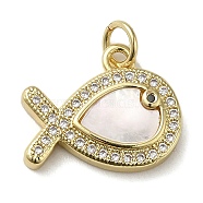 Brass Micro Pave Cubic Zirconia Pendants, with Shell, Fish, Real 18K Gold Plated, 14x17x3mm, Hole: 3.4mm(KK-Q808-42G)