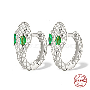 Snake Shape Rhodium Plated Platinum 925 Sterling Sliver Micro Pave Cubic Zirconia Hoop Earrings, Green, 14x12mm(DI7310-3)