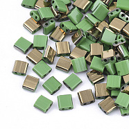 2-Hole Glass Seed Beads, Half Golden Plated Colours, Square, Light Green, 5x4.5~5.5x2~2.5mm, Hole: 0.5~0.8mm, about 1180pcs/bag(SEED-S031-L-047-G)