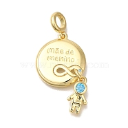 Brass Cubic Zirconia European Dangle Charms, Flat Round & Boy Large Hole Pendants, Real 16K Gold Plated, Light Sky Blue, 38mm, Hole: 4.5mm(KK-R002-23G-01)