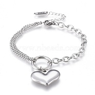 304 Stainless Steel Charm Bracelets, with Lobster Claw Clasps, Cable & Curb Chains, Heart, Stainless Steel Color, 6-3/8 inch(16.2cm)(BJEW-K219-02P)