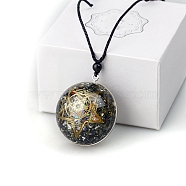 Dyed Natural Pyrite Resin Pendants, Yoga Theme Half Round Charms with Star, Gray, 40mm(PW-WG44173-09)