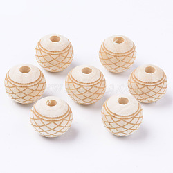 Unfinished Natural Wood European Beads, Large Hole Beads, for DIY Painting Craft, Laser Engraved Pattern, Round with Grid Pattern, Antique White, 16x14.5mm, Hole: 4mm(WOOD-S057-020A)