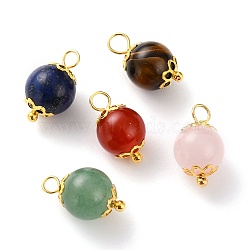 Natural Lapis Lazuli & Red Agate & Green Aventurine & Rose Quartz & Tiger Eye Pendants, with Iron Bead Caps and Brass Ball Head Pins Findings, Round, Golden, 14~15.5x8~8.5mm, hole: 2~2.5mm. (PALLOY-JF00580)