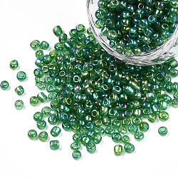 Round Glass Seed Beads, Transparent Colours Rainbow, Round, Dark Green, 3mm(SEED-A007-3mm-167)