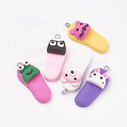 Handmade Polymer Clay Pendants, with Iron Findings, Slipper with Mixed Animal, Platinum, Mixed Color, 34~35x14x10~13mm, Hole: 2mm(CLAY-T012-30)