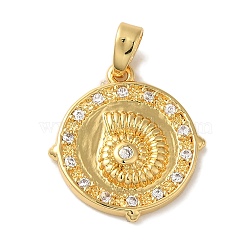 Rack Plating Brass Micro Pave Cubic Zirconia Pendant, Long-Lasting Plated, Cadmium Free & Lead Free, Flat Round with Conch, Real 18K Gold Plated, 18.5x17x2.5mm, Hole: 5x2.5mm(KK-U027-15G)