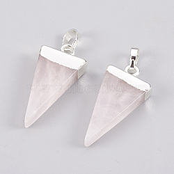 Natural Rose Quartz Pendants, with Brass Findings, Triangle, Silver, 27~29x12~13x4~5mm, Hole: 4x6mm(G-E493-O03-S)