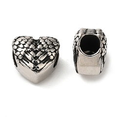 Retro 316 Surgical Stainless Steel European Beads, Large Hole Beads, Heart, Antique Silver, 10.5x11x8mm, Hole: 4.5mm(STAS-I134-14AS-A)