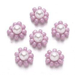 Glass Seed Beads Charms, with ABS Plastic Imitation Pearl and Golden Tone Brass Findings, Flower, Plum, 10x5mm(FIND-R086-05A)