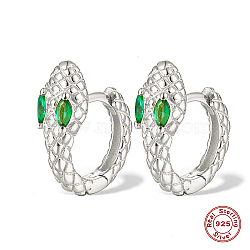 Anti-Tarnish Snake Shape Rhodium Plated Platinum 925 Sterling Sliver Micro Pave Cubic Zirconia Hoop Earrings, Green, 14x12mm(DI7310-3)