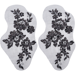 Flower Polyester Embroidery Sew on Appliques, with Plastic Sequins, Sewing Craft Decoration for Wedding Dress, Cheongsam, Black, 265x145mm(PATC-WH0012-32A)