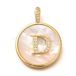 Rack Plating Brass Micro Pave Clear Cubic Zirconia Pendants with Shell, Letter Series Charms, Long-Lasting Plated, Lead Free & Cadmium Free, Letter D, 32x24x3.5mm, Hole: 6x3mm(KK-M309-42G-D)