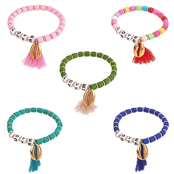 5Pcs 5 Colors Word Love Beads Stretch Bracelets Set for Girl Women, Cowrie Shell Shape & Tassel Charm Bracelets, Mixed Color, Inner Diameter: 2-1/8 inch(5.5cm), 1pc/color