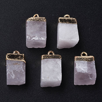 Natural Rose Quartz Pendants, with Golden Brass Findings, Rack Plating, Cube, 18~21x9~12x9~13mm, Hole: 1.6mm